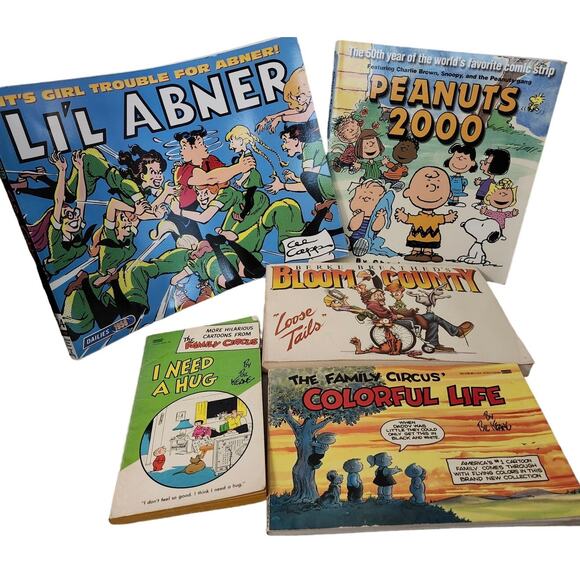 Lot 5 Comic Strip Books Peanuts 2000 Bloom Country Family Circus Abner - Picture 1 of 6